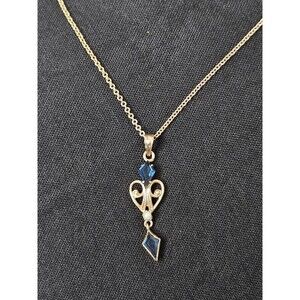 Antique Art Nouveau Blue Glass And Seed Pearl 10k Gold Lavalier Pendant 2.4g